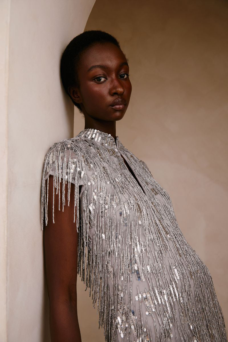 Raishma Amelia gown featuring elegant fabric and intricate design, showcased on a model.