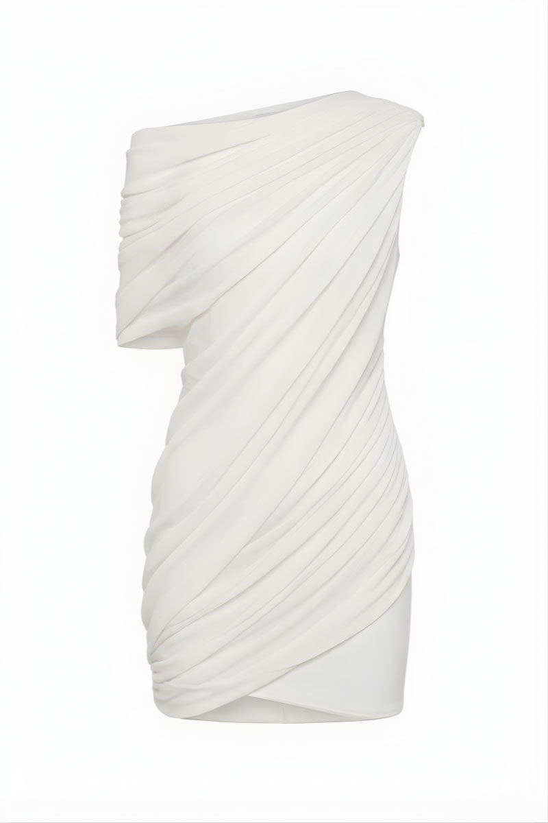 White Plan Lyra draped mini dress featuring a stylish, flowy design perfect for casual or dressy occasions.