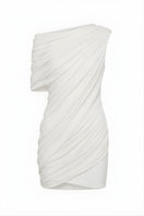 White Plan Lyra draped mini dress with flowing fabric and stylish design, perfect for casual or dressy occasions.