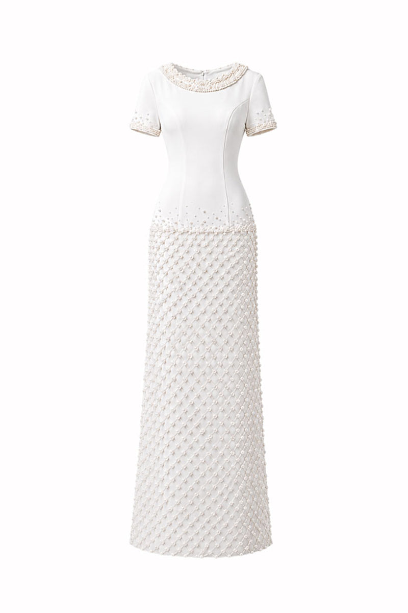 HACCHIC COUTURE Camellia Pearl Column Gown in Ivory, elegant maxi dress with pearl details and a fitted silhouette.