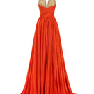 Red crystal chiffon gown by CEM, featuring flowing fabric and elegant design, showcased on a model.