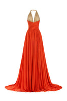 Red crystal chiffon gown by CEM, featuring flowing fabric and elegant design, showcased on a model.