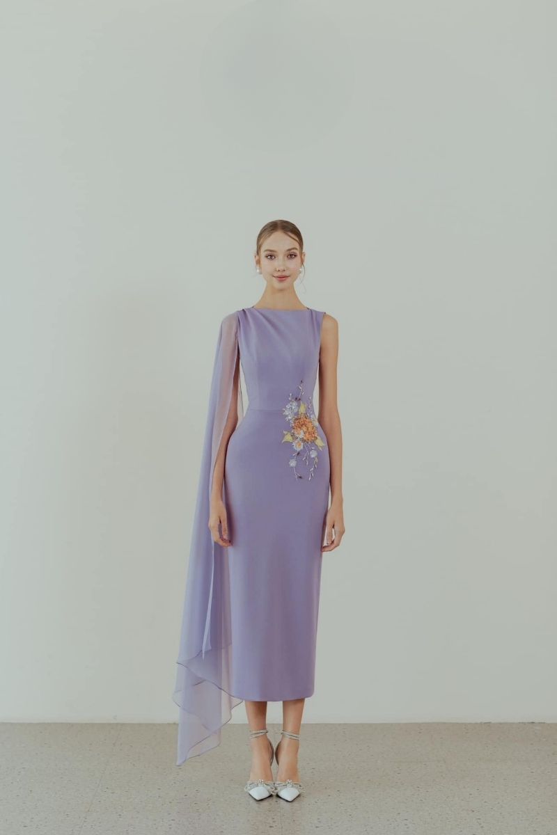 HACCHIC COUTURE Charmie Violet embroidered pencil gown with intricate floral embroidery and fitted silhouette.