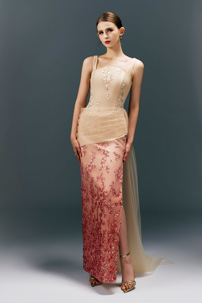 HAPPY CLOTHING CULT MIA X square neck pleated waist long gown with straight silhouette, perfect for elegant occasions.