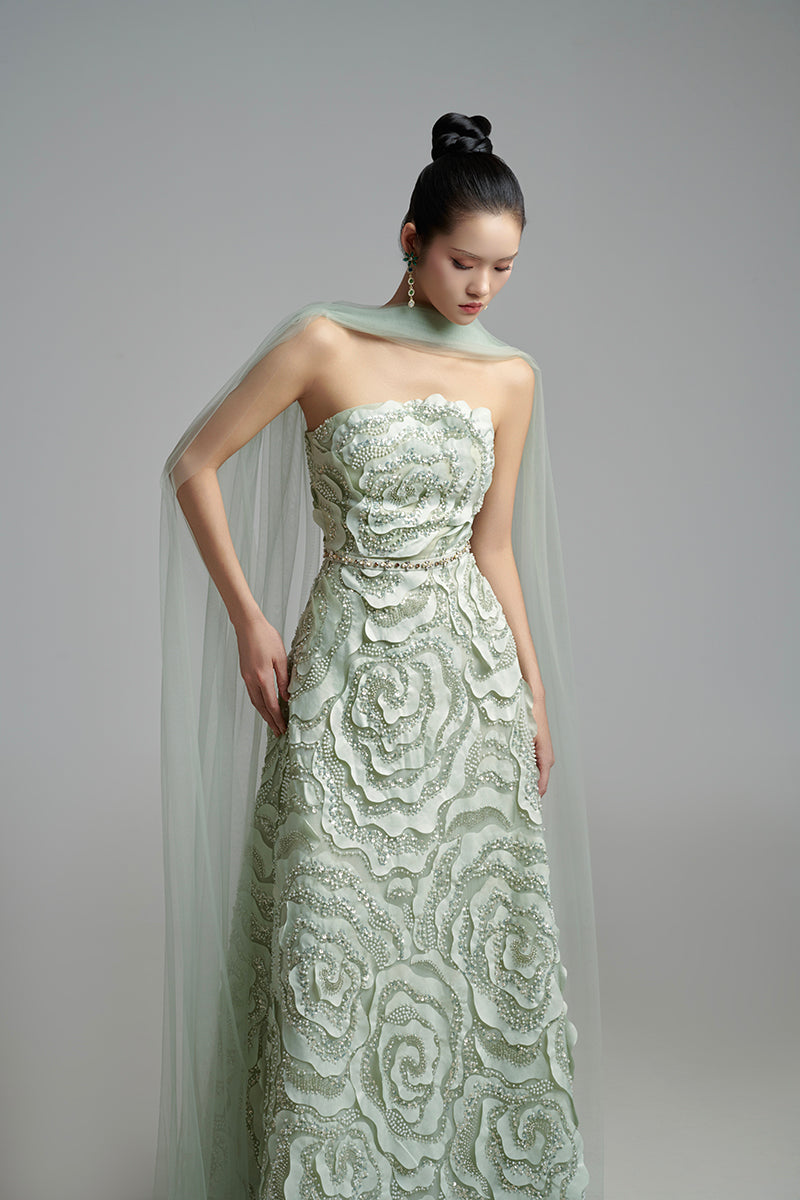 FLOWER WAVE A LINE MAXI DRESS WITH SCARF DETAIL - CULT MIA