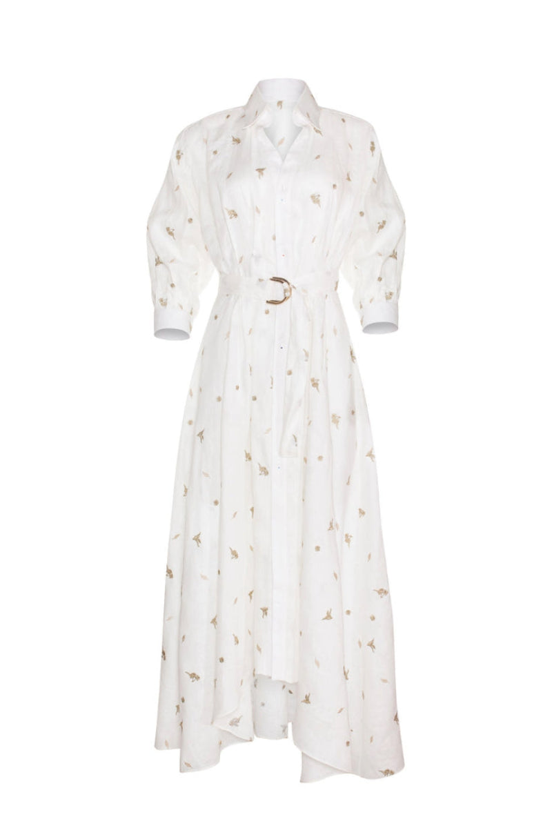 CAMELLIA AND LILIES SHIRT DRESS IN IVORY GOLD | CULT MIA | Estefania