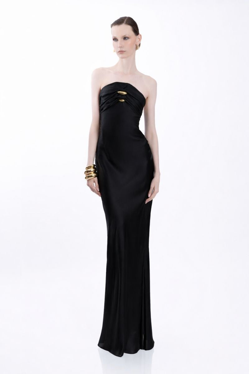 Elegant black LEDIEL Kaya gown with flowing fabric and subtle detailing, perfect for formal occasions.