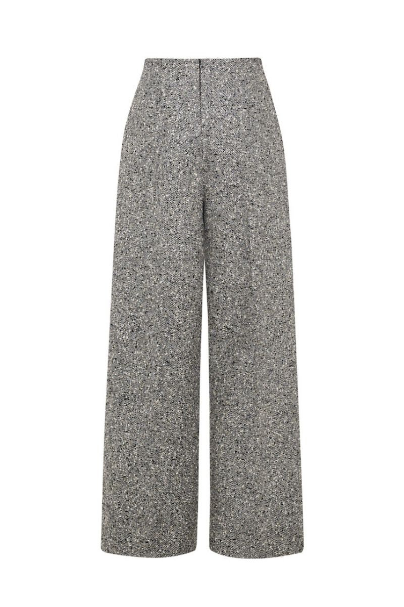 Gray tweed straight pants by Leica, featuring a tailored fit and classic design, shown laid flat with visible waistband and leg details.