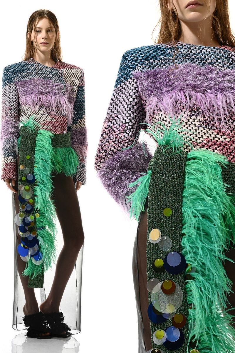 Lalo Avril multicolor jacket shown on a hanger, featuring vibrant patchwork design and stylish casual fit.