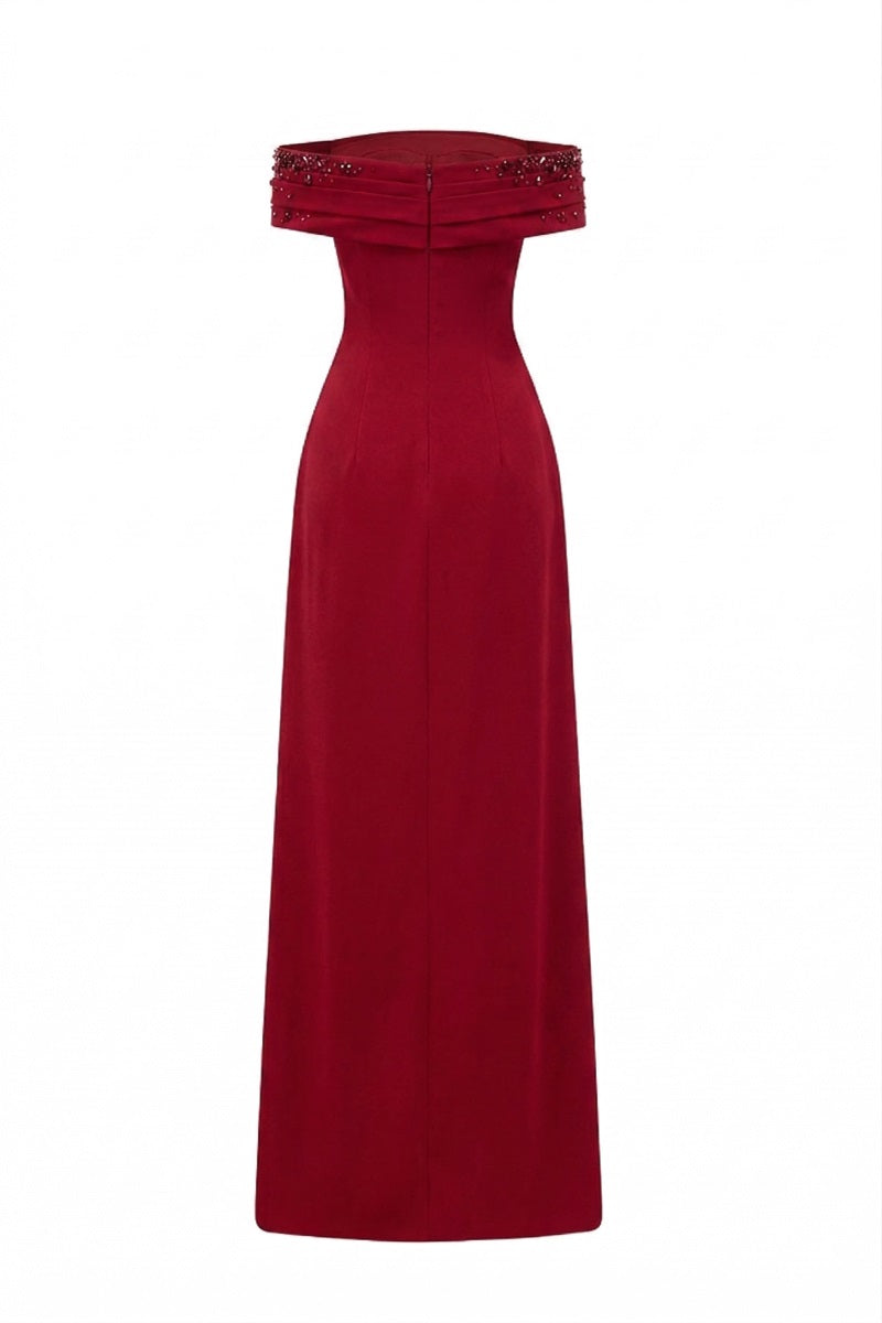 Red Nadine Crepe Dress by 21Six, elegant gown with flowing fabric and stylish design, perfect for formal occasions.