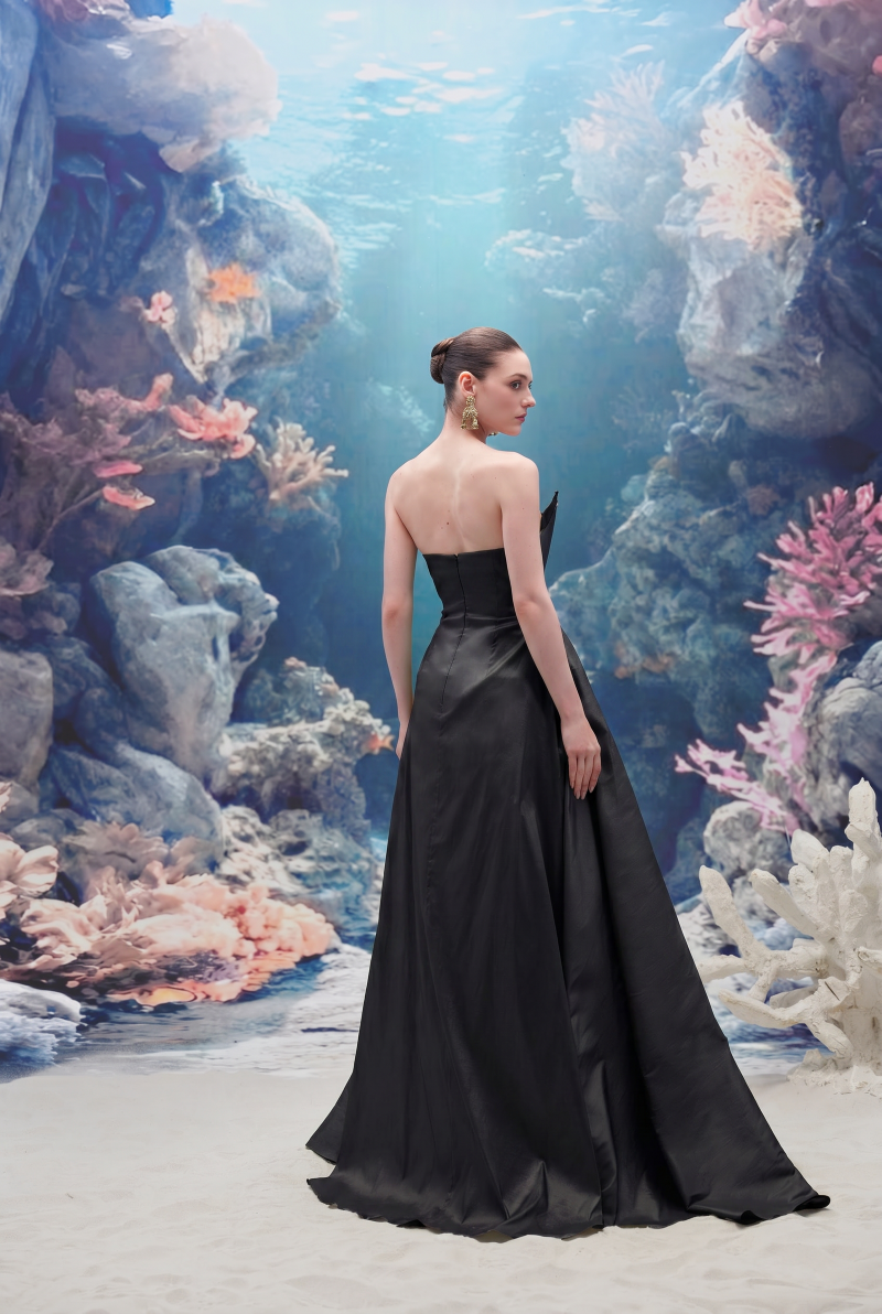 Black Thalassa Taffeta gown by 21Six, flowing elegant dress with a fitted bodice and full skirt, perfect for formal occasions.