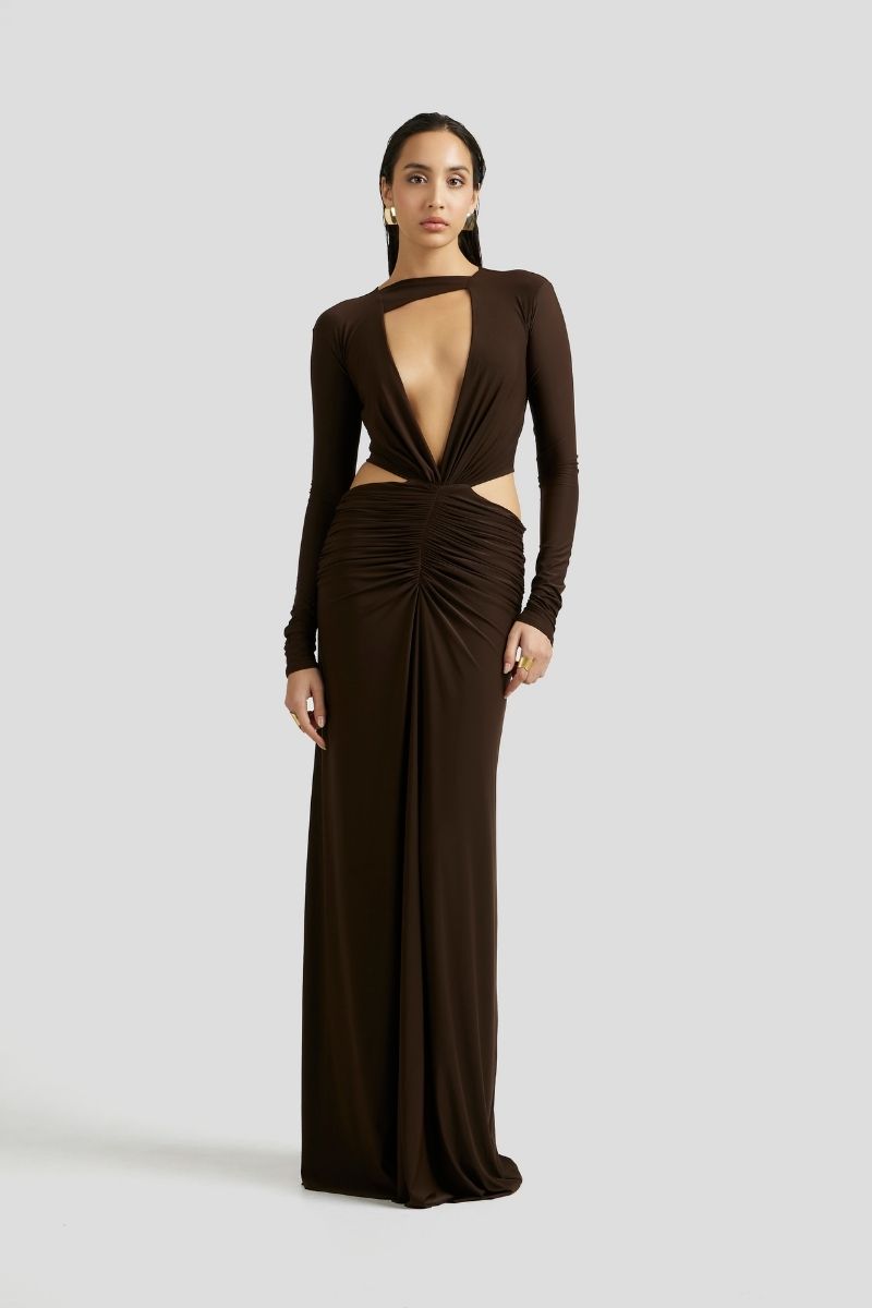 AMALIE MAXI DRESS IN CHOCOLATE BROWN - CULT MIA