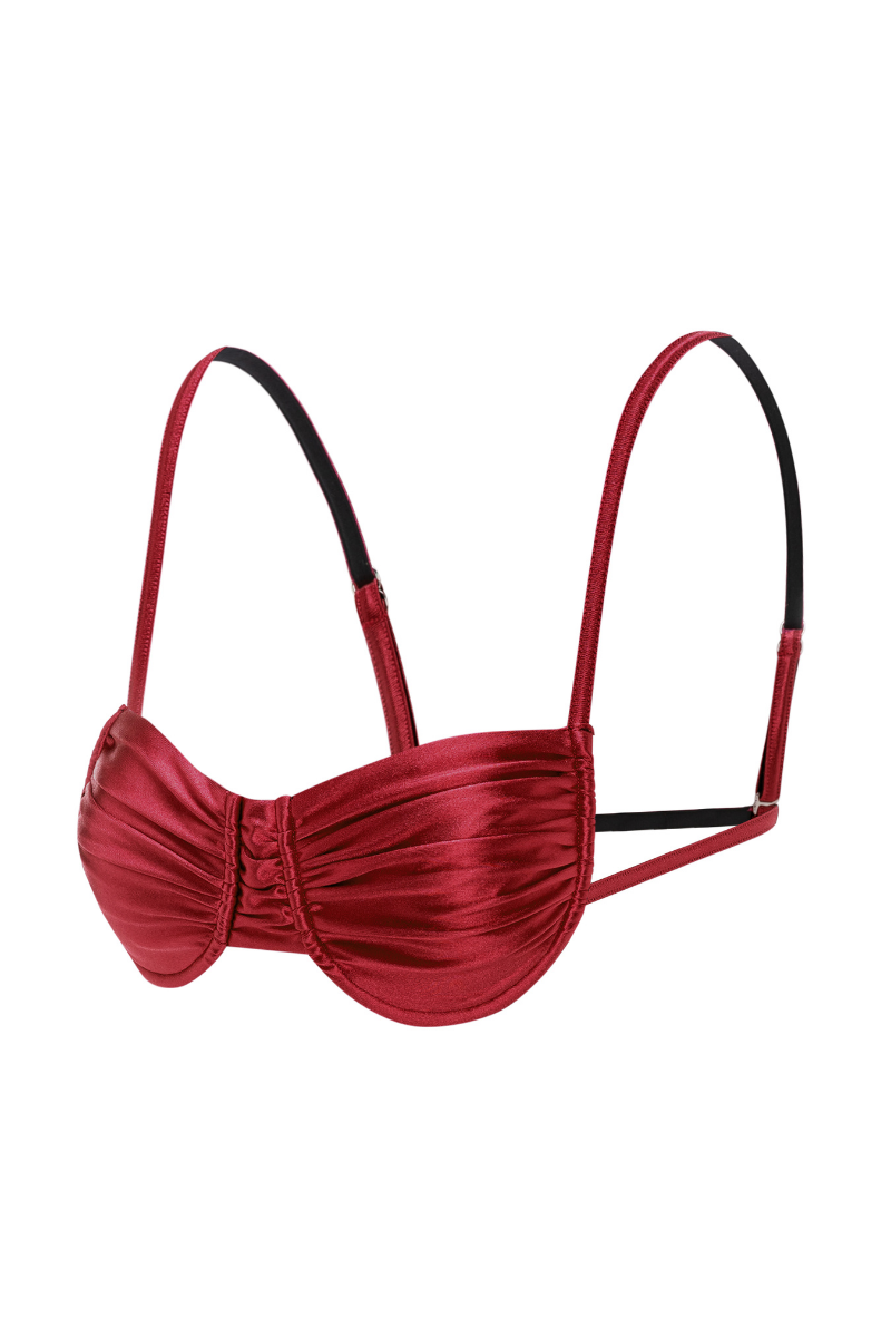 Suncillo Gina Glossy Cherry Red Bikini Top with shiny finish, featuring a stylish, fitted design for swimwear fashion.