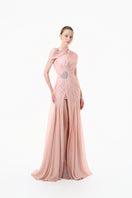 Elegant blush rose pleated draped maxi gown by Happy Clothing, featuring flowing fabric and sophisticated design.