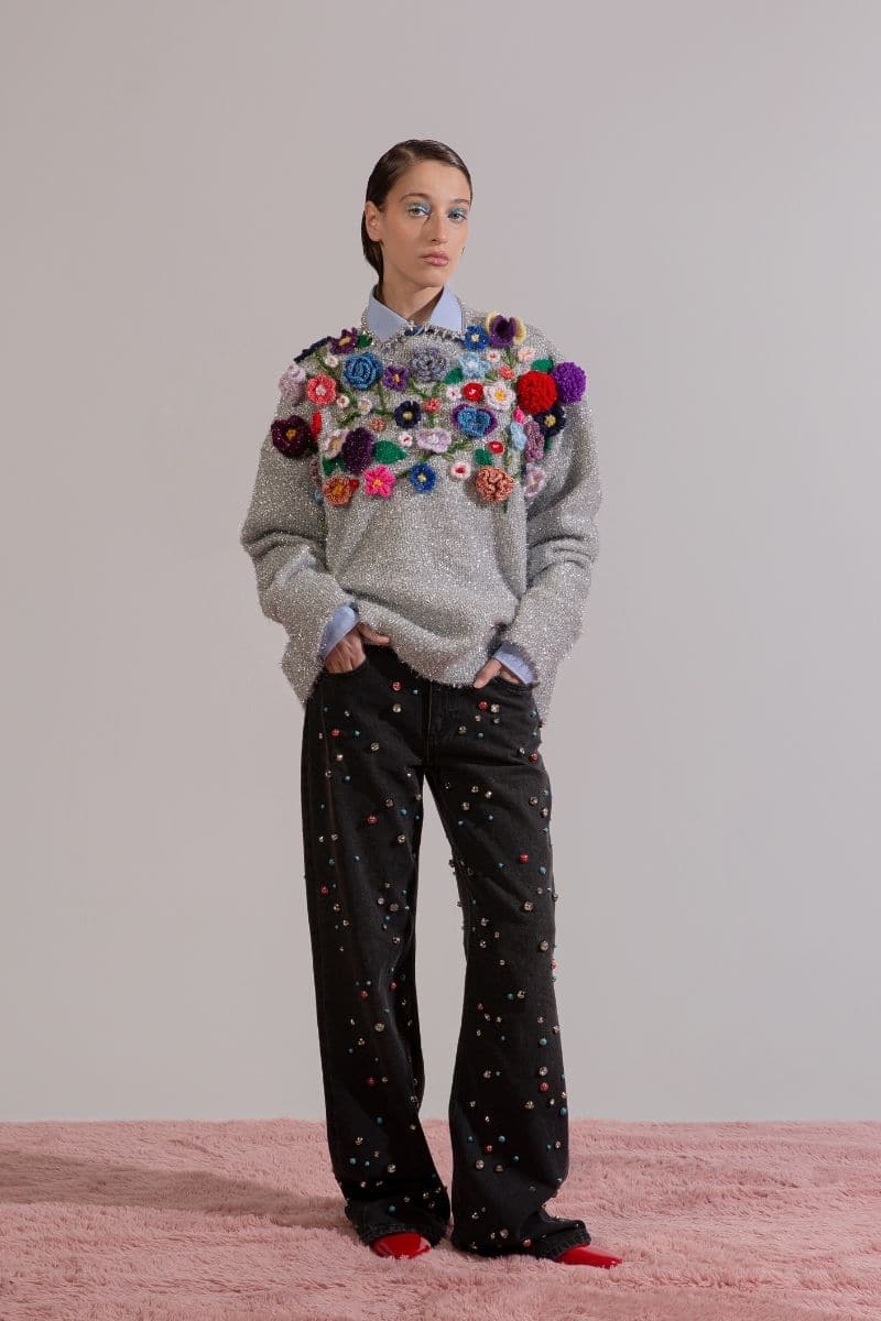 Lalo Gray Floris embroidered sweater with intricate floral embroidery, soft knit fabric, and a cozy fit.