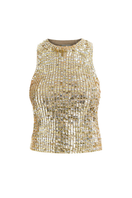 Mestiza New York Everly knit gold top showing its textured knit fabric and stylish fit on a mannequin.