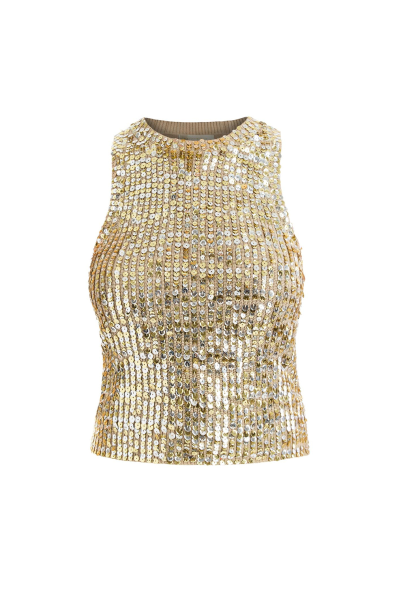 Mestiza New York Everly knit gold top showing its textured knit fabric and stylish fit on a mannequin.