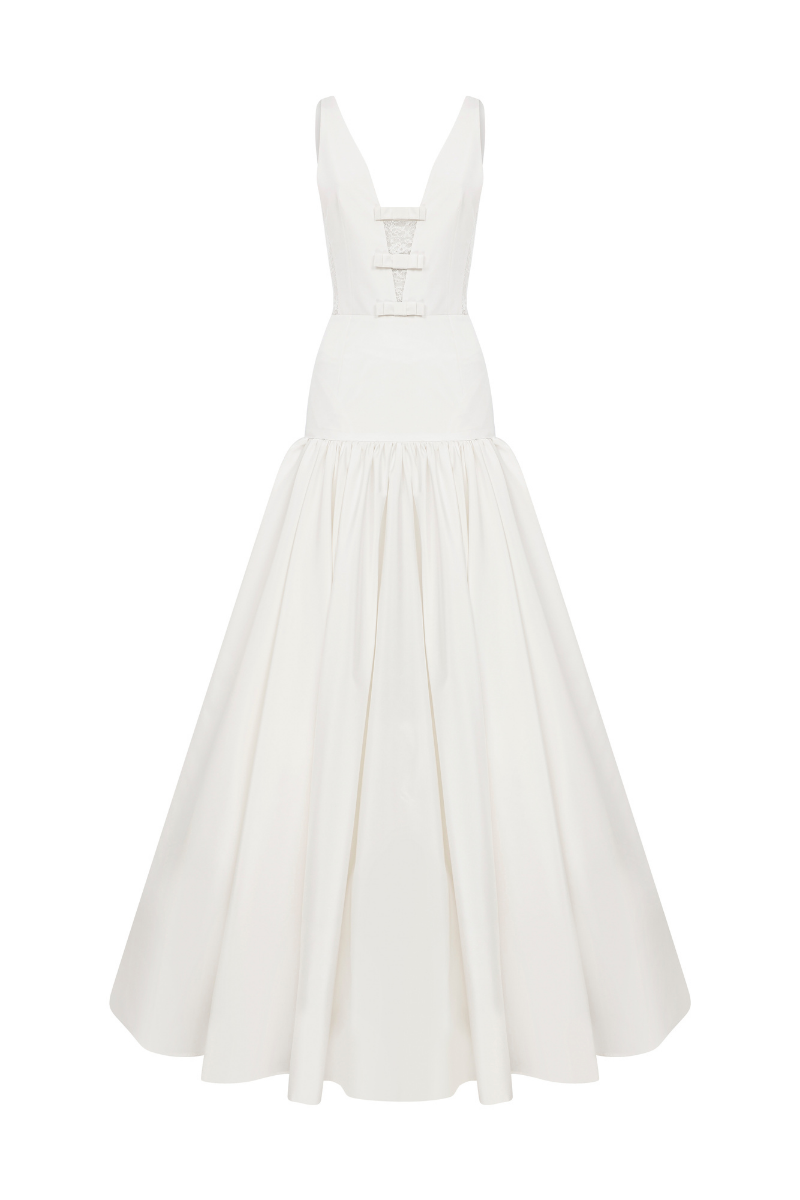 DEEP V NECKLINE GOWN WITH BOW DETAILS - CULT MIA