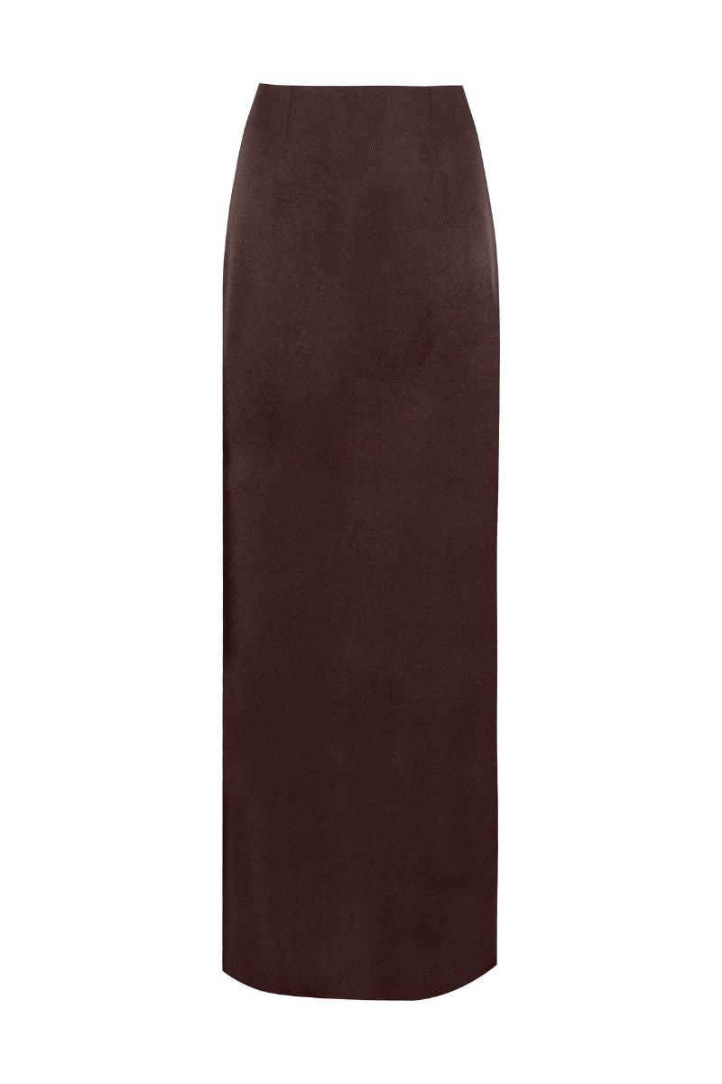 Brown Laura Escobar maxi skirt from the SETA SKIRT collection, featuring flowing fabric and a stylish, elegant design.