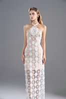 White halter neck lace midi dress by Rosee de Matin, featuring elegant design and intricate lace details.