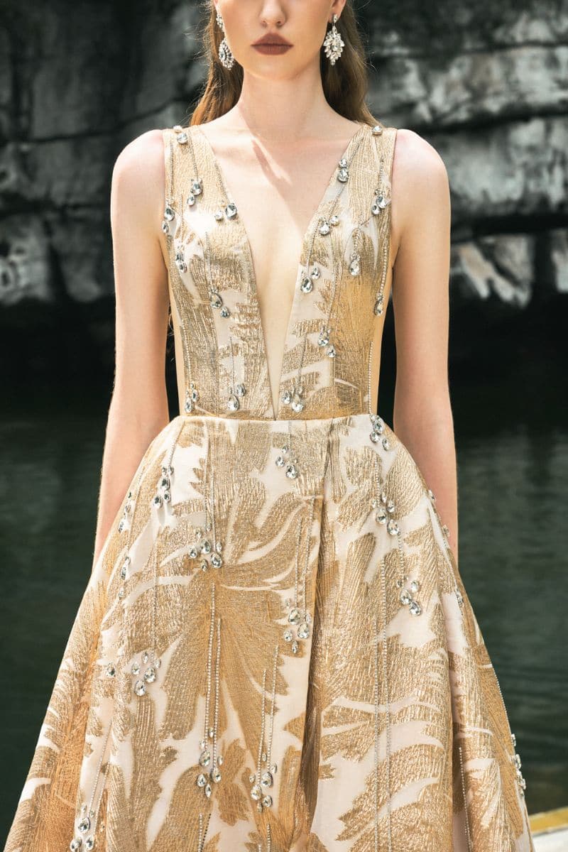 GOLDEN SLEEVELESS DEEP V-NECK GOWN - CULT MIA