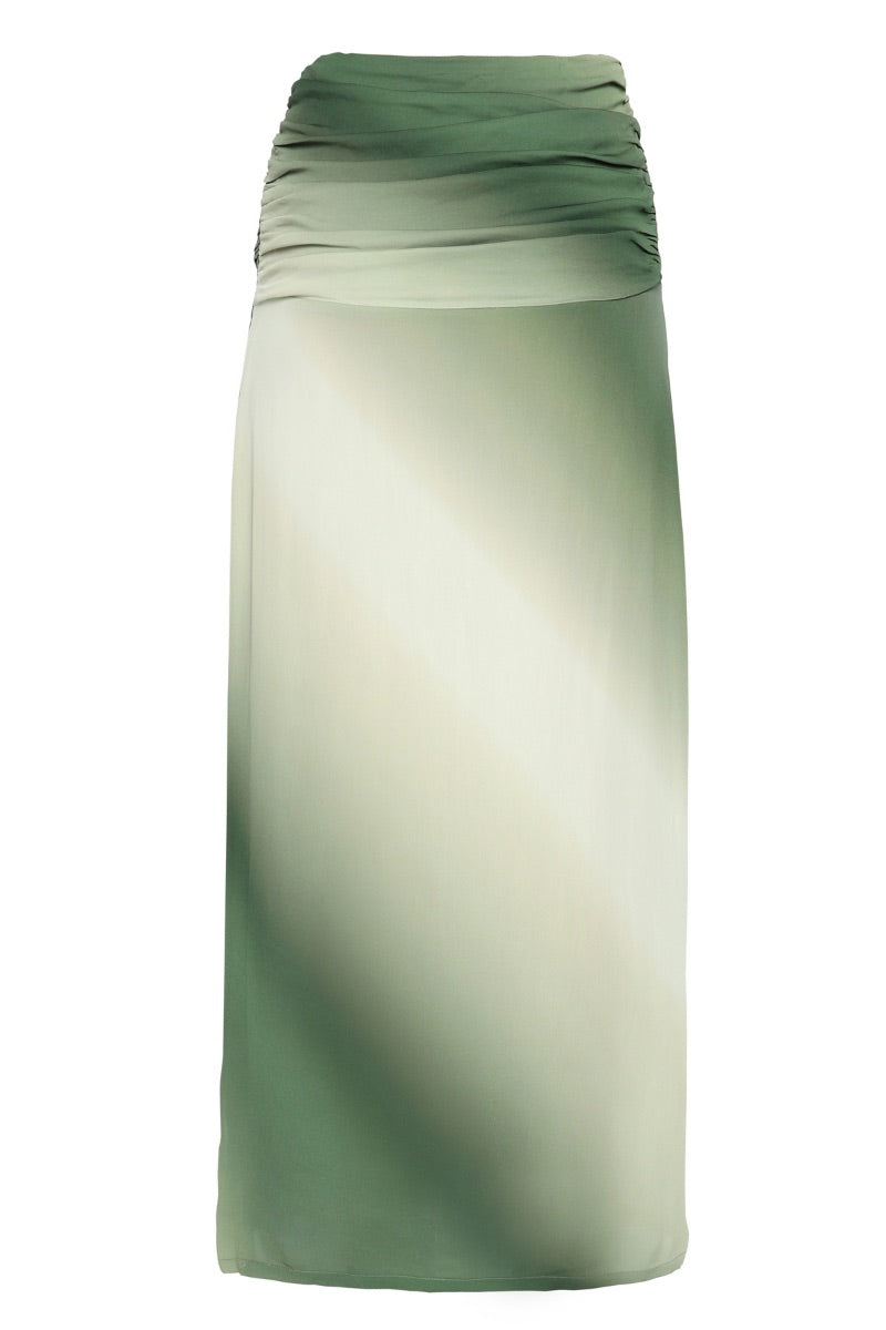 Summer Away Amman Midi Skirt in sage ombre with flowing fabric and layered design, perfect for casual or dressy wear.