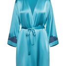 NK Imode Morgan short robe in cerulean, featuring soft fabric and a relaxed fit, displayed on a hanger against a neutral background.