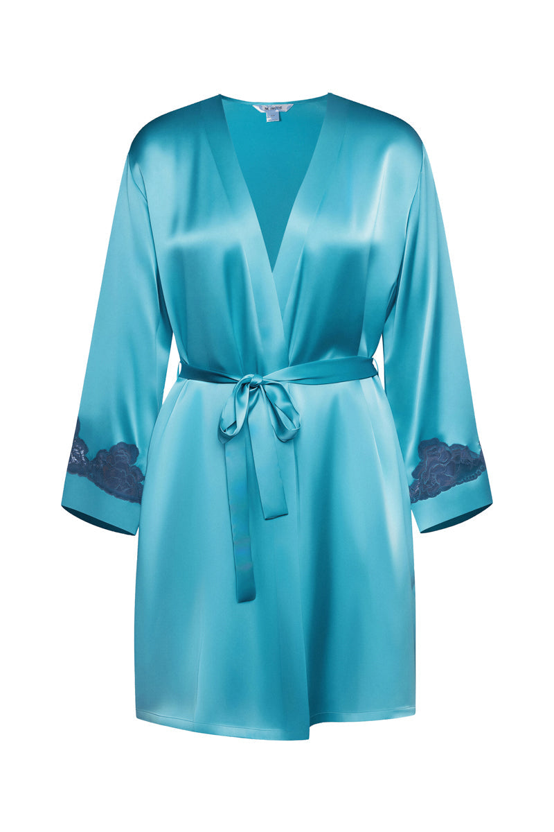 NK Imode Morgan short robe in cerulean, featuring soft fabric and a relaxed fit, displayed on a hanger against a neutral background.