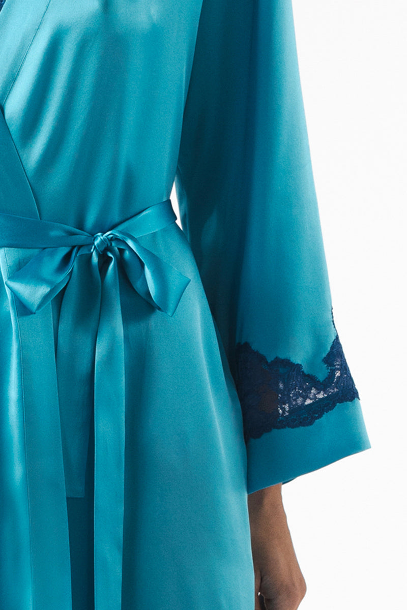 NK IMODE Morgan short robe in cerulean, lightweight and comfortable, shown in a soft fabric with a relaxed fit.