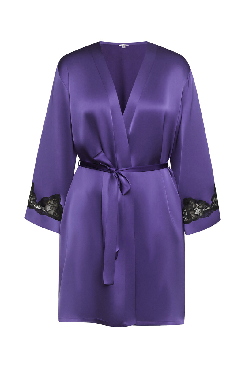 NK IMODE Morgan short robe in frosted violet, soft and cozy robe with a relaxed fit, displayed on a hanger.