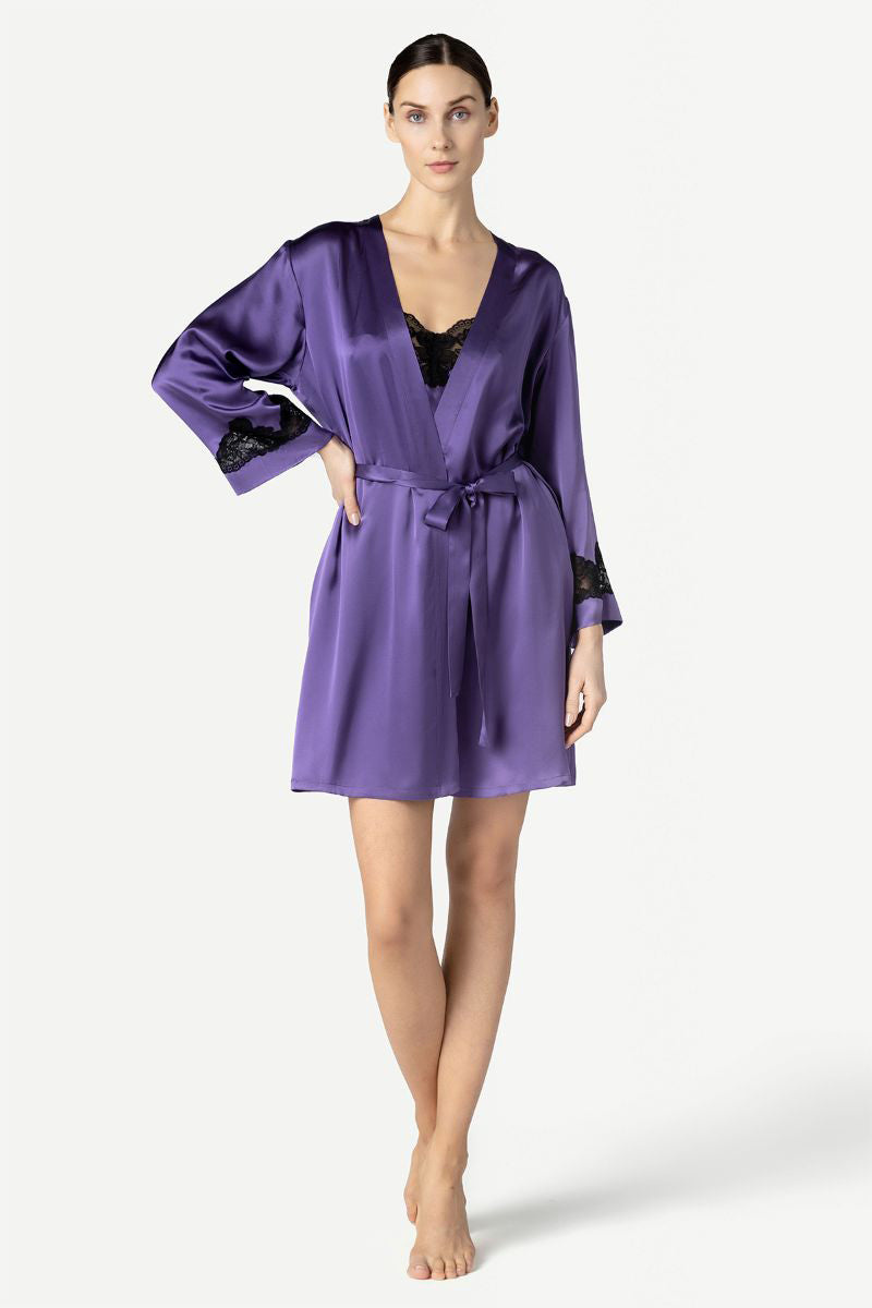 NK IMODE Morgan short robe in frosted violet with soft fabric, relaxed fit, and stylish design, perfect for lounging.