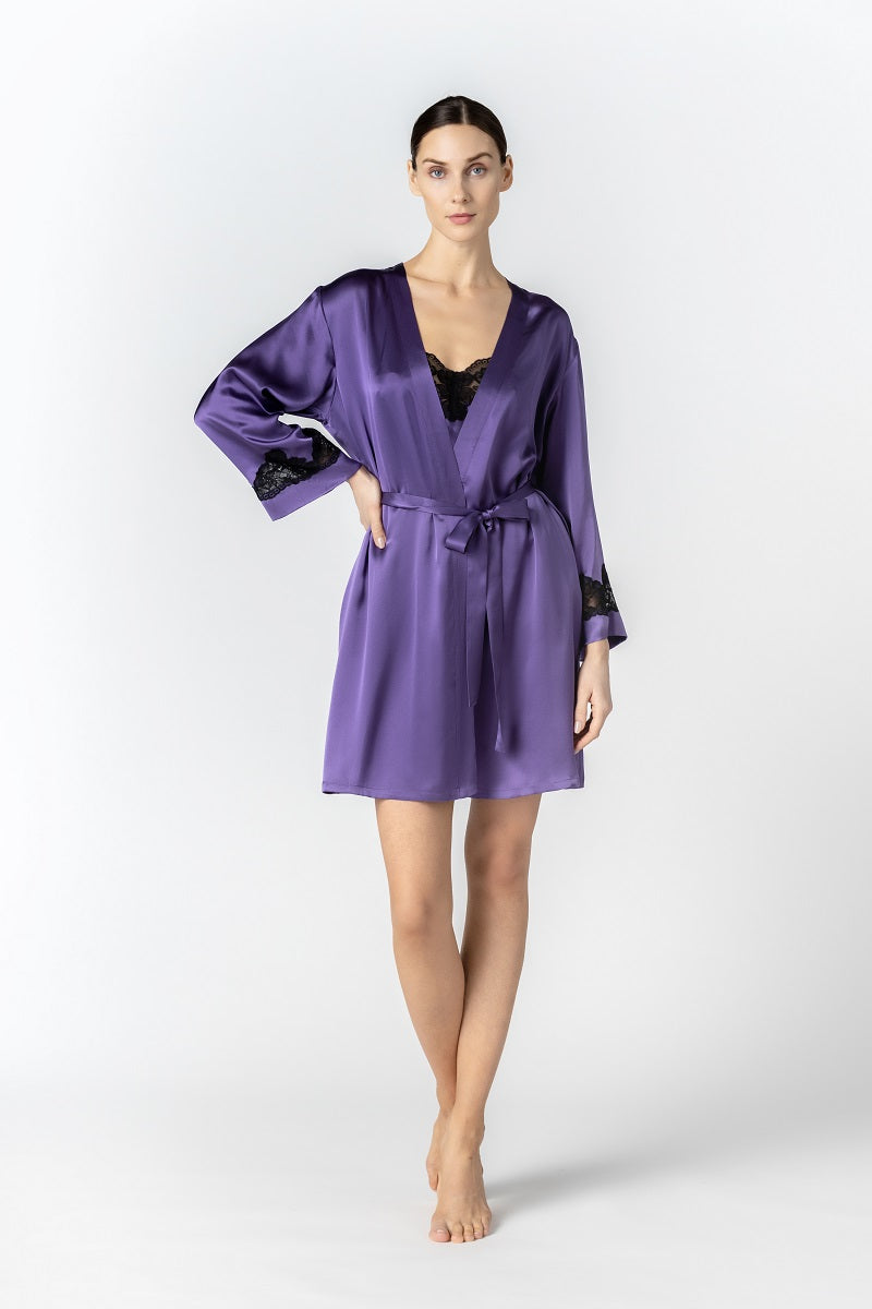 NK IMODE Morgan short robe in frosted violet, soft and cozy, shown hanging on a wooden hook with a relaxed fit.