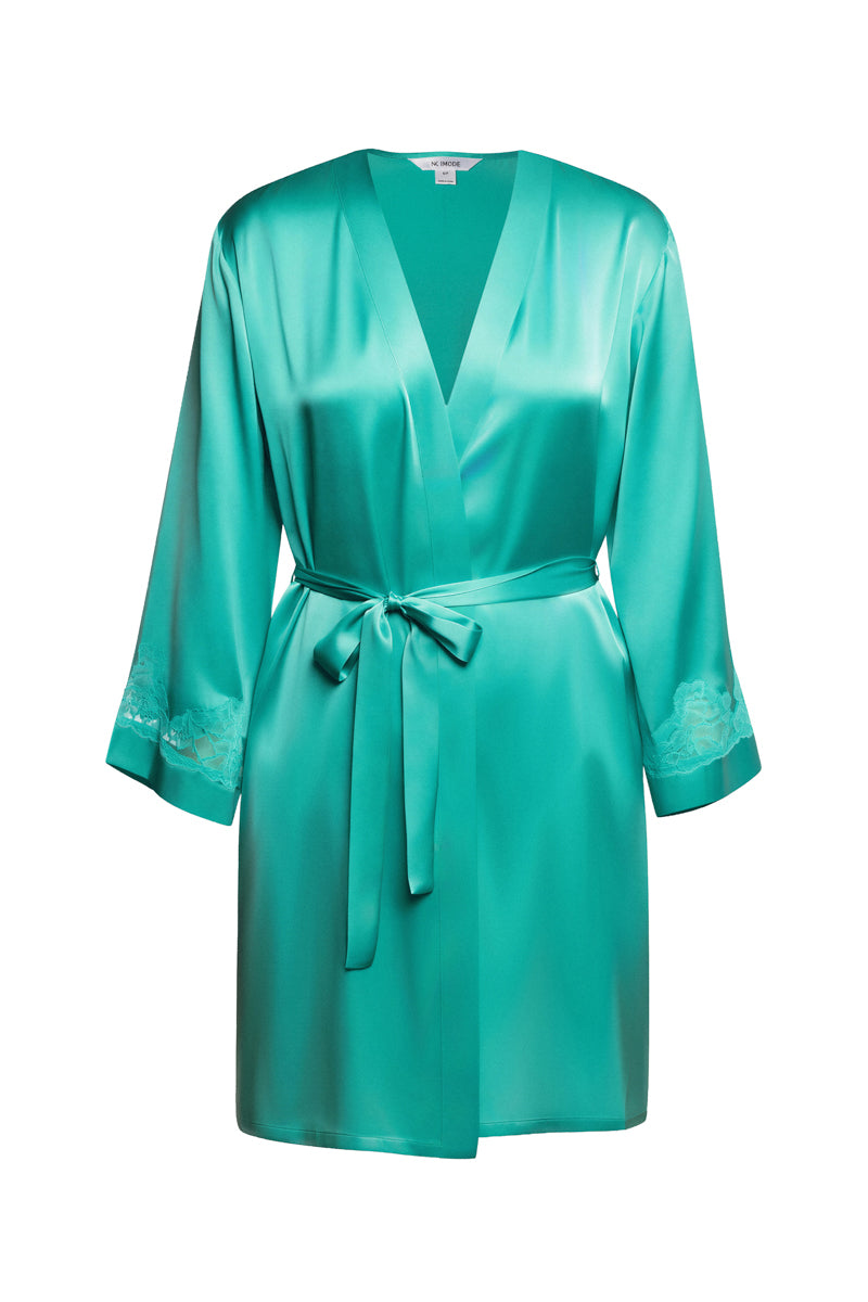 NK IMODE Morgan short silk robe in turquoise, lightweight and luxurious with a silky texture, showcased on a model.