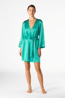NK IMODE Morgan short silk robe in turquoise, lightweight and luxurious, shown draped on a model.