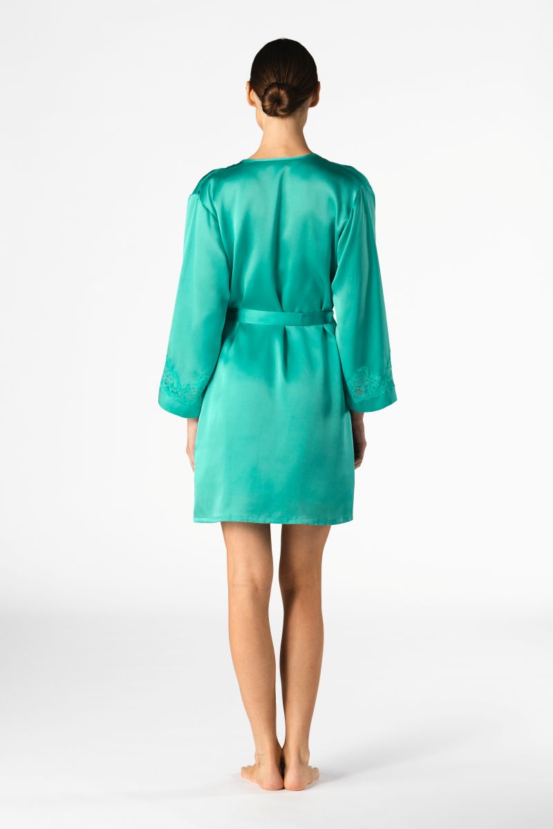 NK IMODE Morgan short silk robe in turquoise, lightweight and luxurious with a smooth fabric finish, displayed on a hanger.