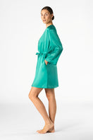 NK Imode Morgan short silk robe in turquoise, lightweight satin fabric with a relaxed fit, displayed on a model.
