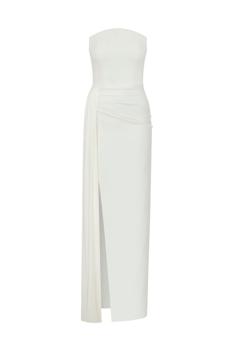 WHITE STRAPLESS CREPE DRESS WITH DEEP SLIT - CULT MIA