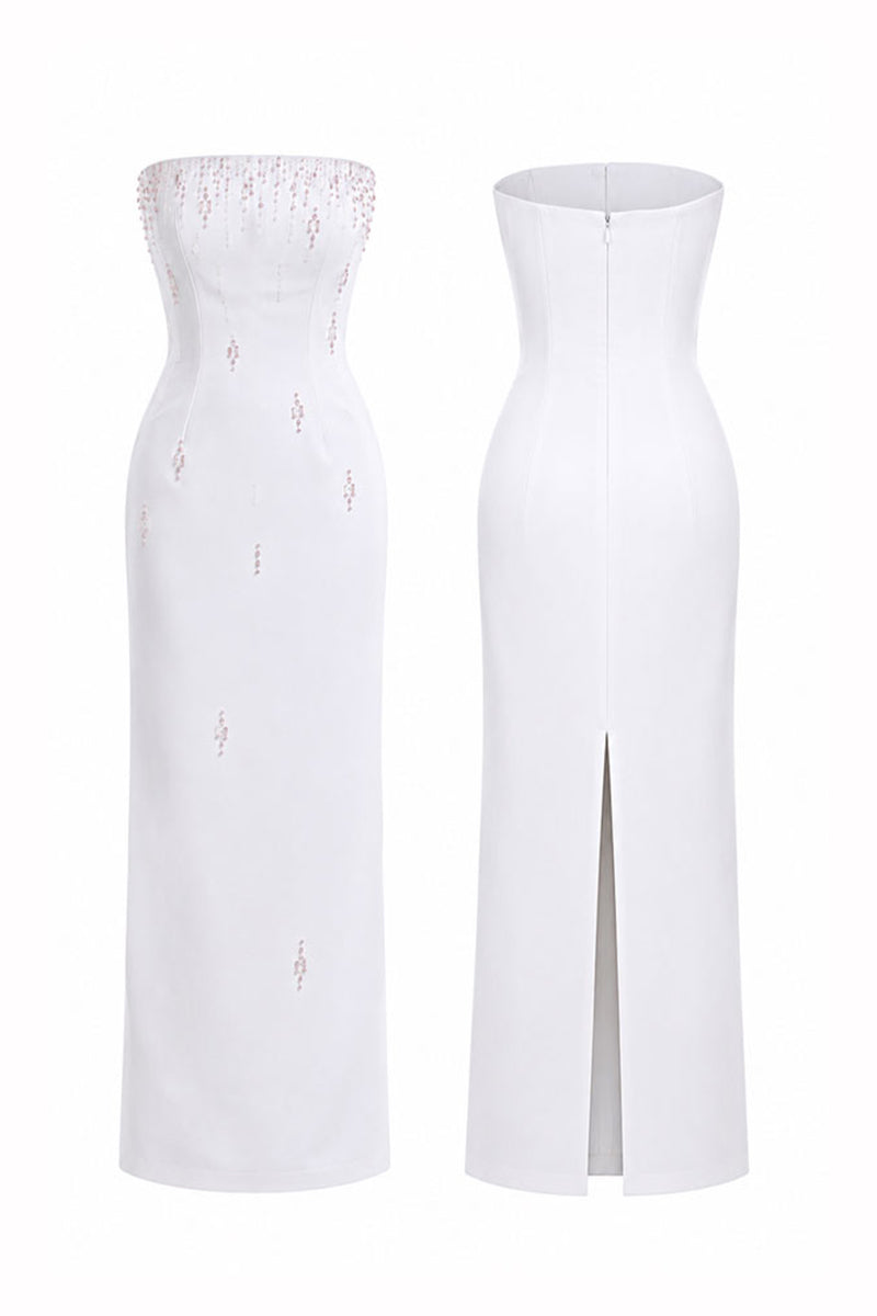 HACCHIC COUTURE Celeste Pearl Ivory Midi Dress featuring a fitted column silhouette and elegant pearl embellishments.
