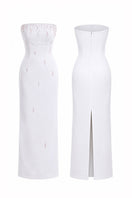 HACCHIC COUTURE Celeste Pearl Ivory Column Gown featuring a fitted silhouette and elegant pearl embellishments.