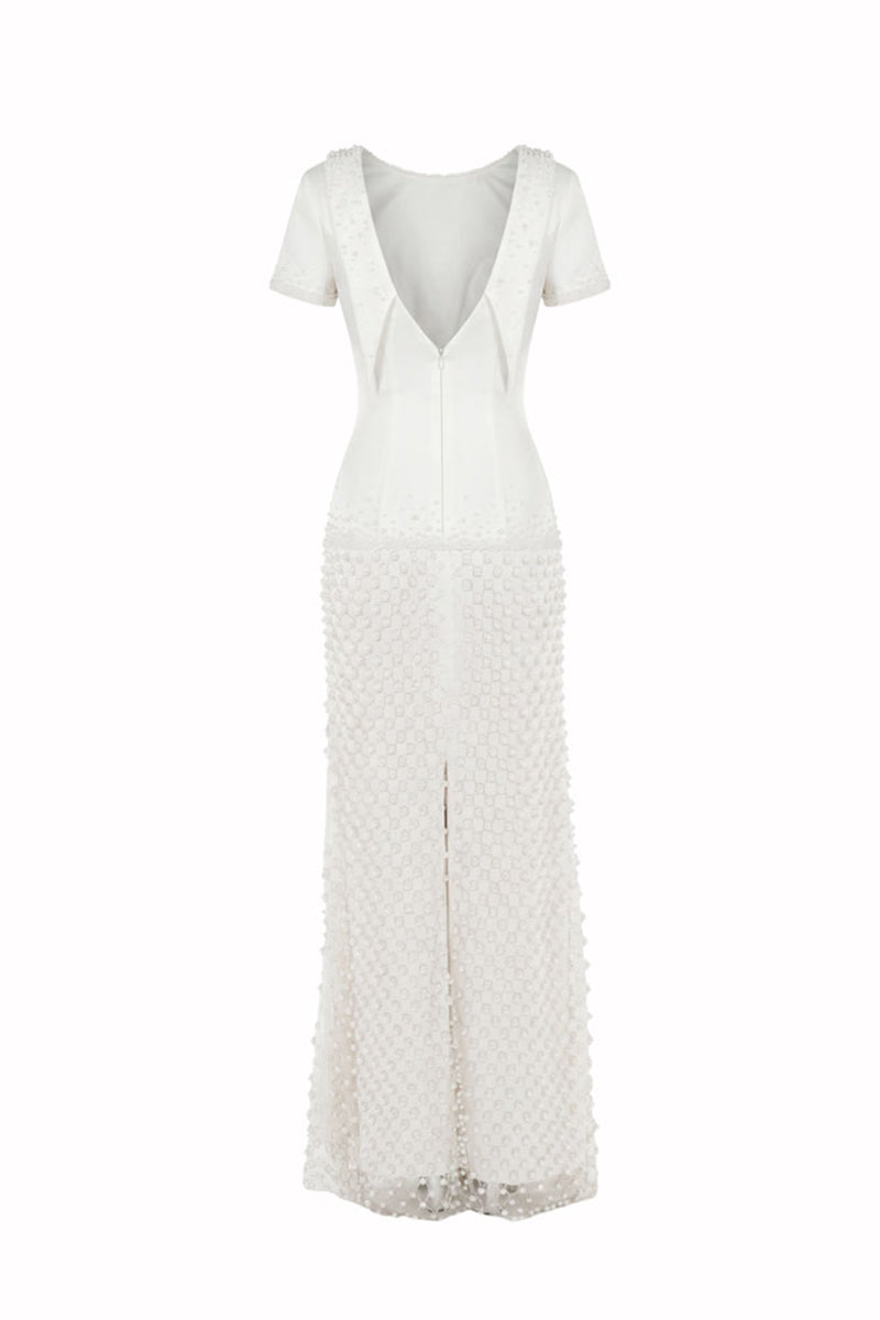 Ivory Camellia Pearl Column Gown by HACCHIC COUTURE, elegant maxi dress with pearl embellishments and fitted silhouette.