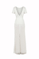 HACCHIC COUTURE ivory Camellia Pearl Column Gown featuring elegant pearl embellishments and a sleek, fitted silhouette.