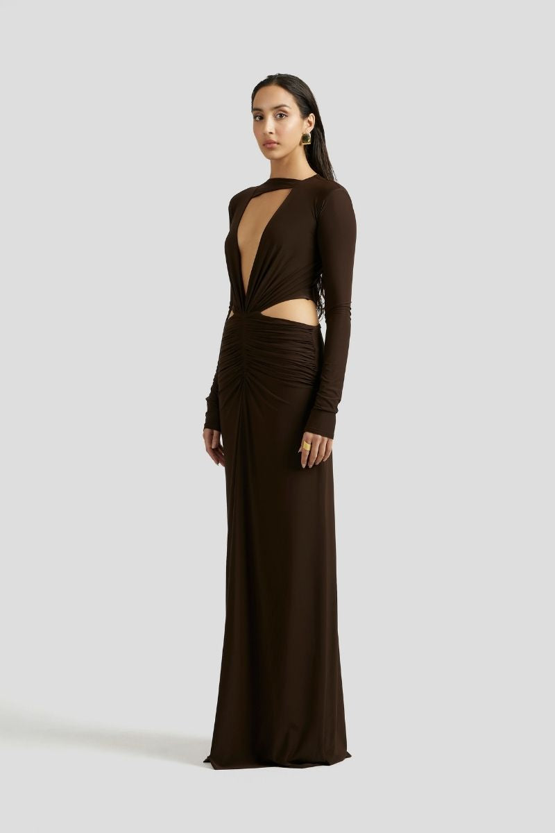 AMALIE MAXI DRESS IN CHOCOLATE BROWN - CULT MIA