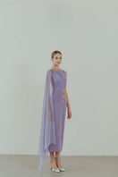 Elegant violet embroidered pencil gown by HACCHIC COUTURE featuring intricate embroidery and a fitted silhouette.