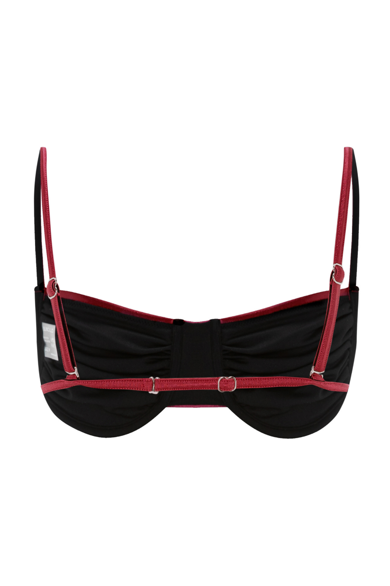 Suncillo Gina Glossy Cherry Red Bikini Top with shiny, smooth fabric and adjustable straps, designed for stylish beachwear.