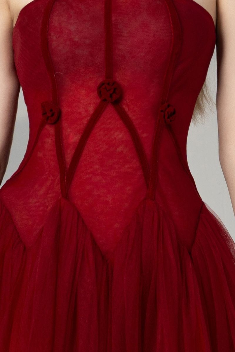 GEMINI RED DROP WAIST MESH MAXI DRESS - CULT MIA