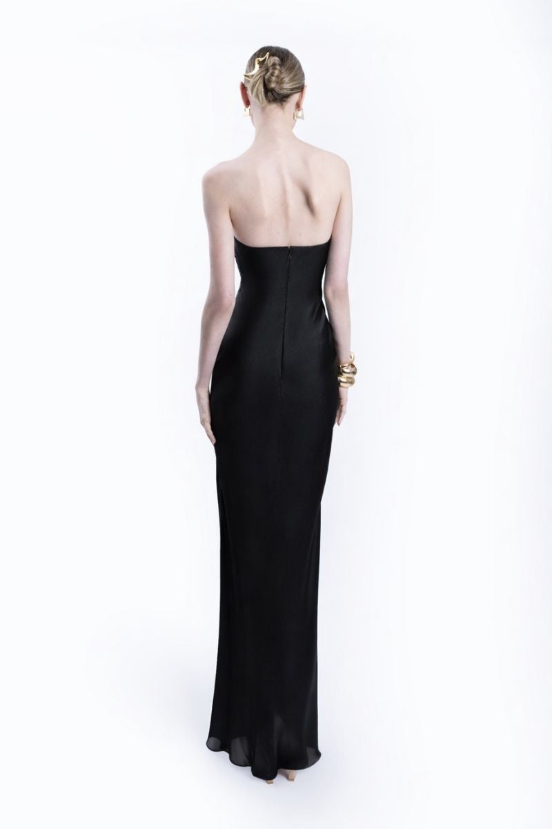 LEDIEL Kaya black gown with elegant long sleeves and a flowing design, perfect for formal occasions.