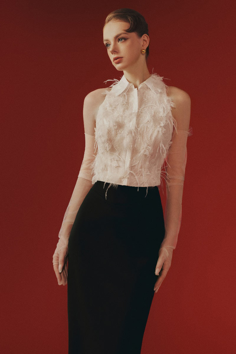 Elegant white lace co-ord set by Margée Atelier featuring intricate lace details and a stylish, feminine design.