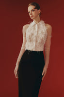 Elegant white lace co-ord set by Margée Atelier featuring intricate lace details and matching top and bottom pieces.