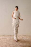 Lecia draped backless sheer white maxi dress with flowing fabric and elegant design, perfect for formal or evening wear.