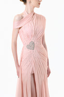 Elegant blush pink pleated draped maxi gown by Happy Clothing, featuring flowing fabric and a sophisticated silhouette.
